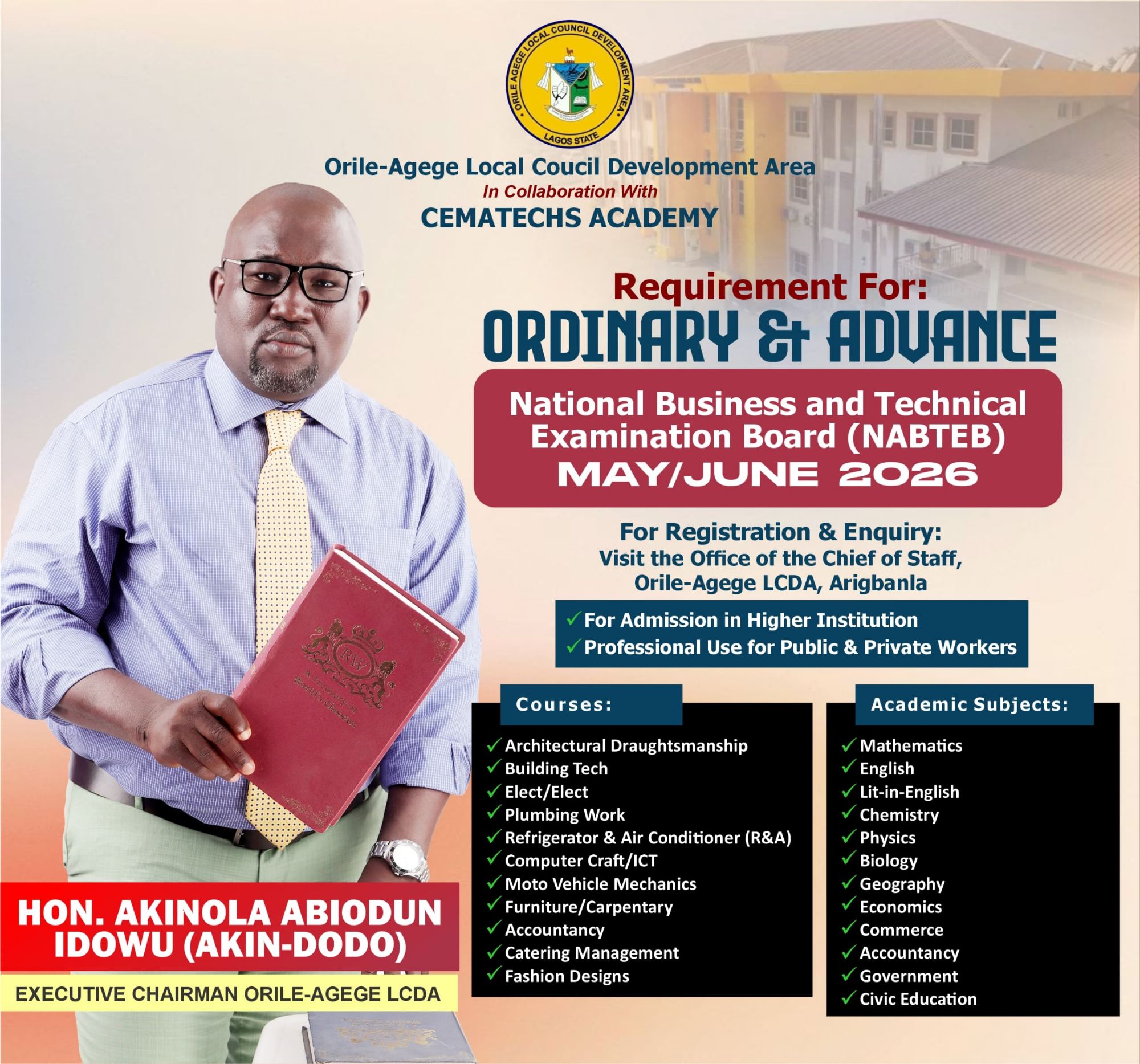 ORILE-AGEGE LCDA IN COLLABORATION WITH CEMATECHS ACADEMY FOR NABTEB MAY/JUNE 2026 EXAMINATION